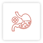 A red and white icon of an open stomach